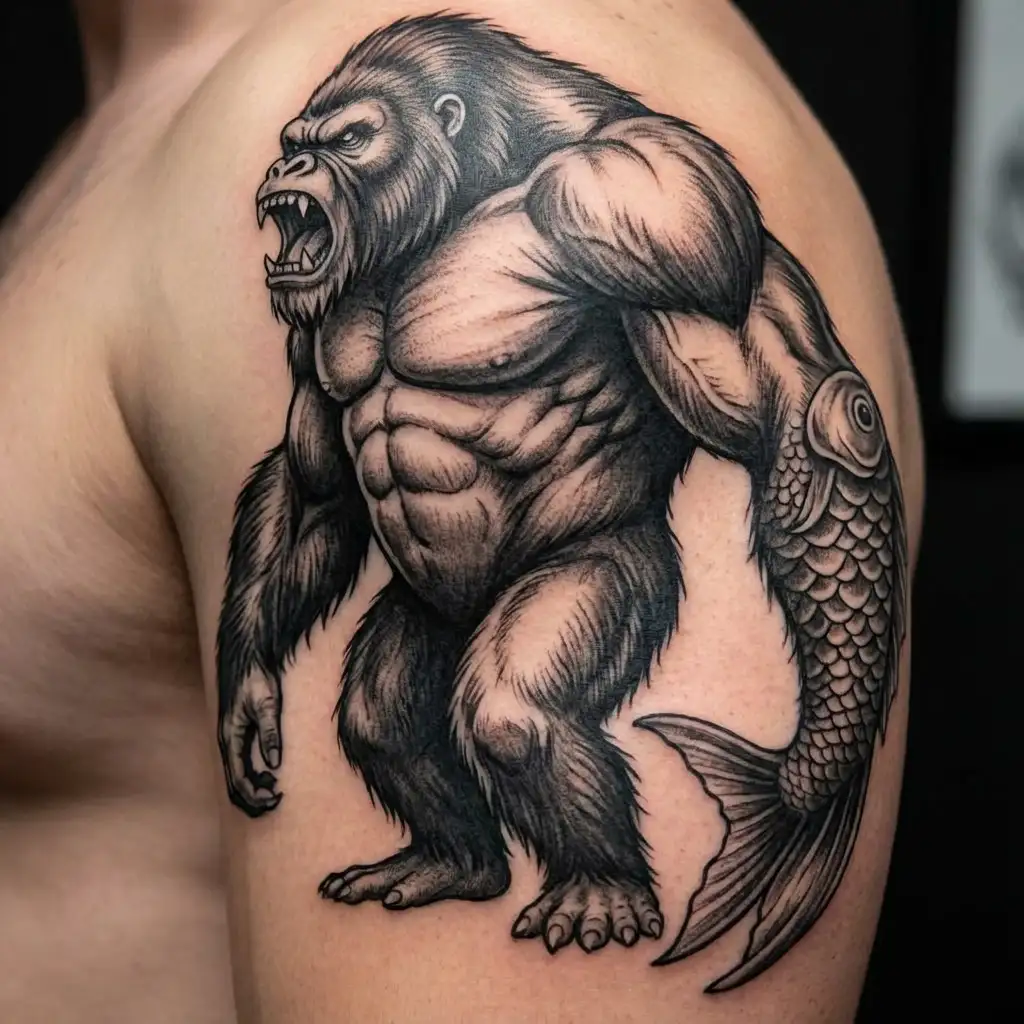 Bigfoot with a massive trout white and black simple tattoo stencil tattoo design idea