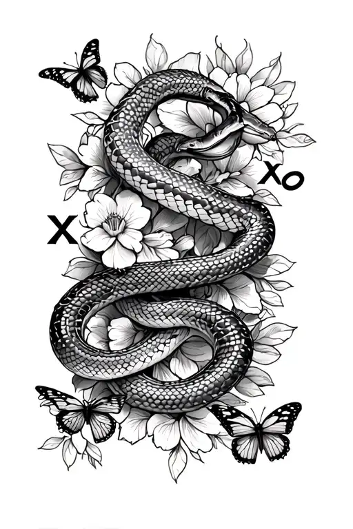  with hearts and snakes and flowers and butterflies medium sized snakes on back going down spine with xo wording around  tattoo design idea