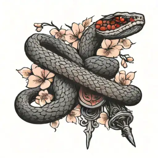 2 snakes (red and black) wrapped around a dagger with cherry blossom flowers around it tattoo design idea