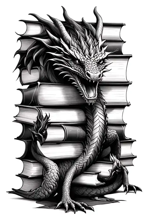 dragon hoarding books tattoo design idea