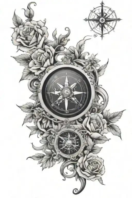 compass, map, flowers entertwined. steampunk. tattoo design idea