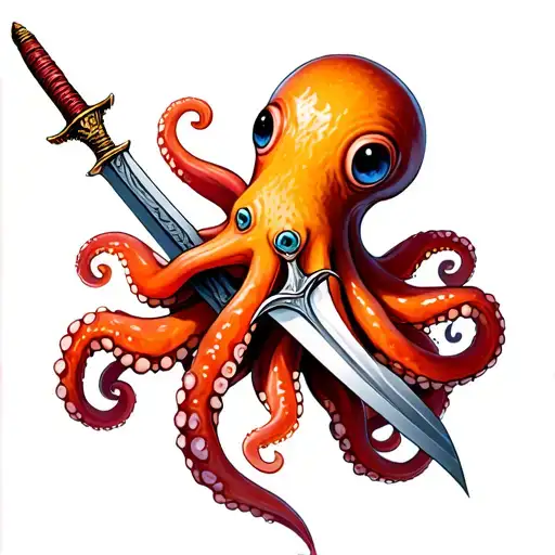 cute octopus holding sword tattoo design idea