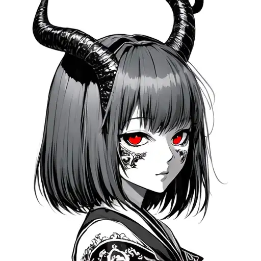 Anime, Japanese Mask Girl, Gotica Style, Short Hair with Fringe, Red Eyes and Horn tattoo design idea