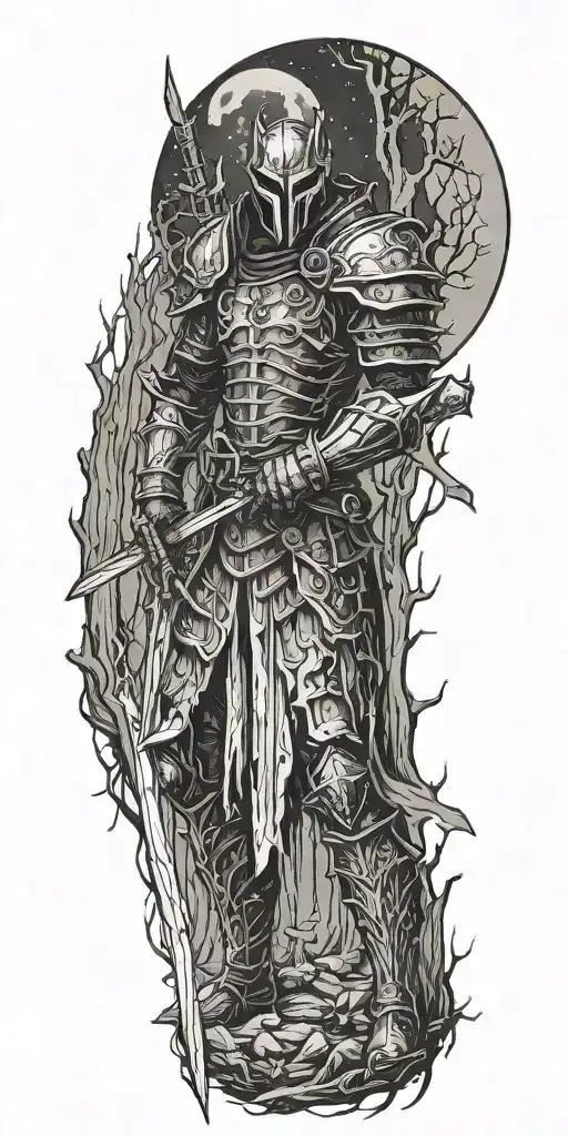 demon knight with sword in the woods during a full moon  tattoo design idea