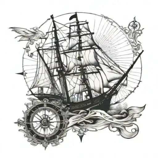 clipper ship and compass tattoo design idea