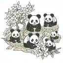 lego pandas, three pieces, one small, one medium, one big, all three on all four legs, and behind them Cherry blossoms tattoo design idea