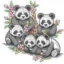 lego pandas, three pieces, one small, one medium, one big, all three on all four legs, and behind them Cherry blossoms tattoo design idea