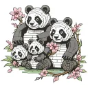 lego pandas, three pieces, one small, one medium, one big, all three on all four legs, and behind them Cherry blossoms tattoo design idea