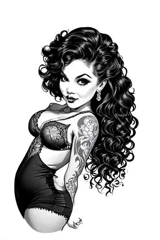 curvy loc pinup girl standing tattoo design idea
