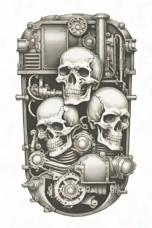 railroad train with skulls and engine camshafts harley davidson style tattoo design idea