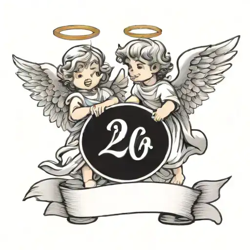 two cartoon angels holding a paper scroll on either side with a birthday written in roman numbers on the paper tattoo design idea