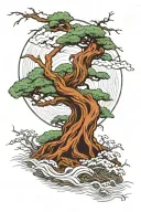 bonsai wraps its roots around a small planet and its branches develop in the wind tattoo design idea