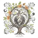 An intricate tree of life tattoo intertwined with musical notes and symbols to represent the client's love for music and spirituality tattoo design idea