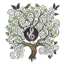 An intricate tree of life tattoo intertwined with musical notes and symbols to represent the client's love for music and spirituality tattoo design idea