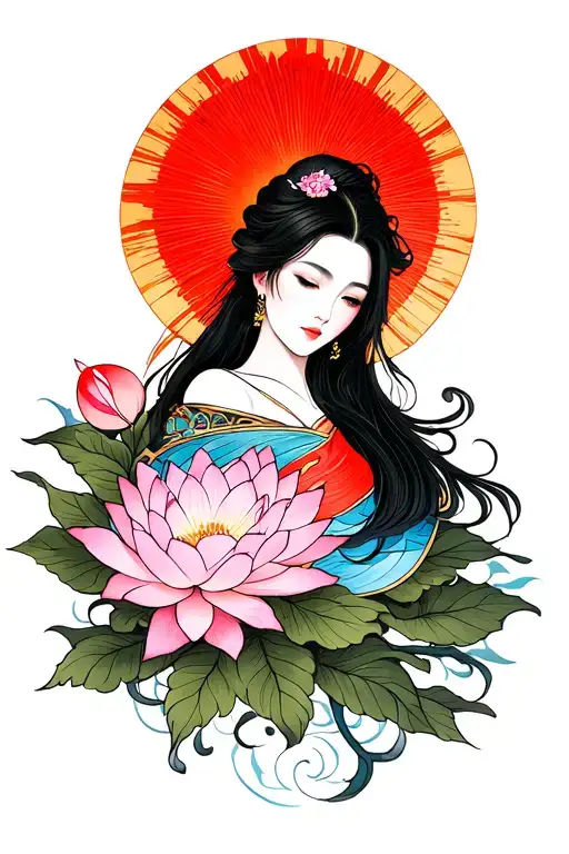 draw a tattoo sleve (hole arm) with a sun in the shoulder, a lotus pink flower a little bit below the sun,  a red cardin tattoo design idea