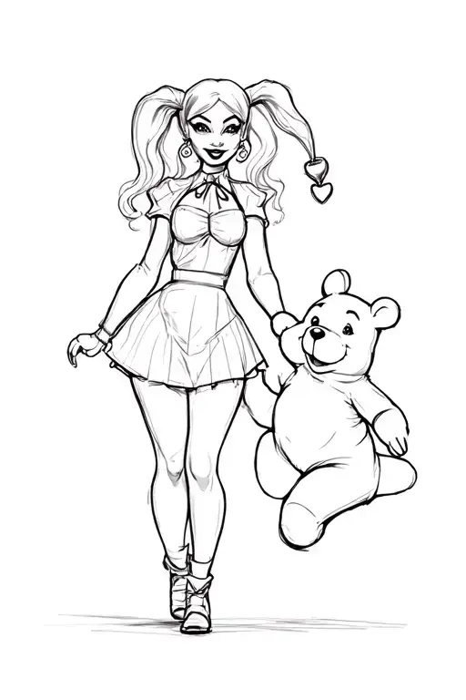 full body harley quinn holding winnie the poohs hand while walking tattoo design idea
