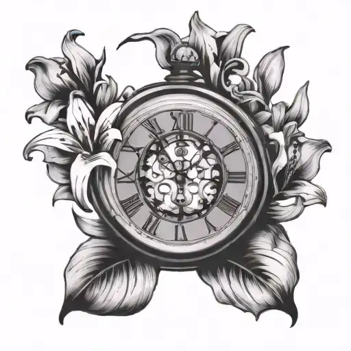 lily flowers, clock with roman numerals, yhwh name tattoo design idea