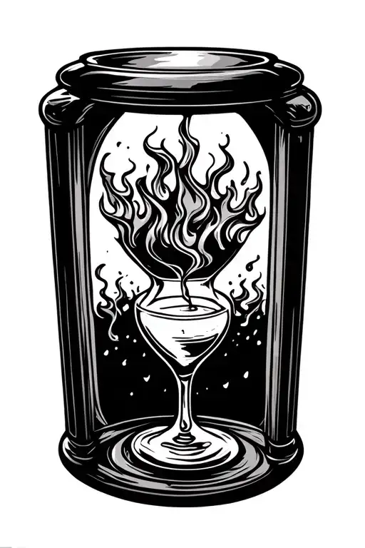 fireball whiskey bottle pouring from hour glass window tattoo design idea