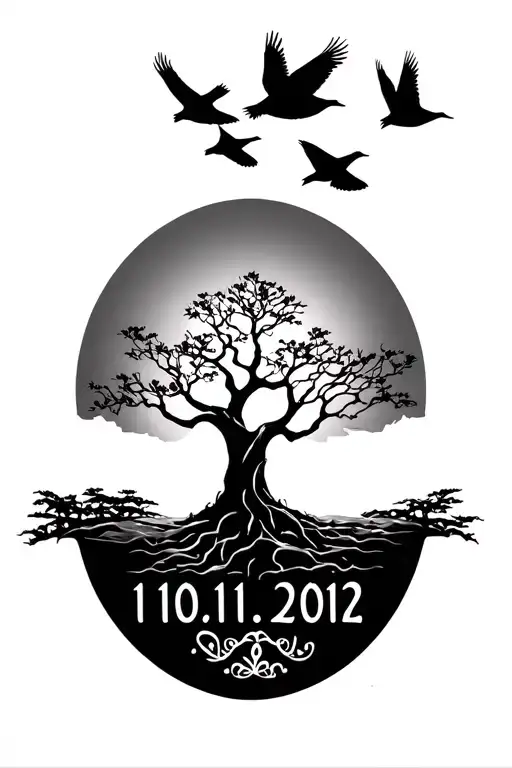 tree of life with 4 birds flying above. The date of 10.01.2012 in the bottom. make it more manly. tattoo design idea