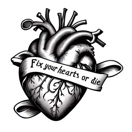 medical heart shape with scroll that says fix your hearts or die  tattoo design idea