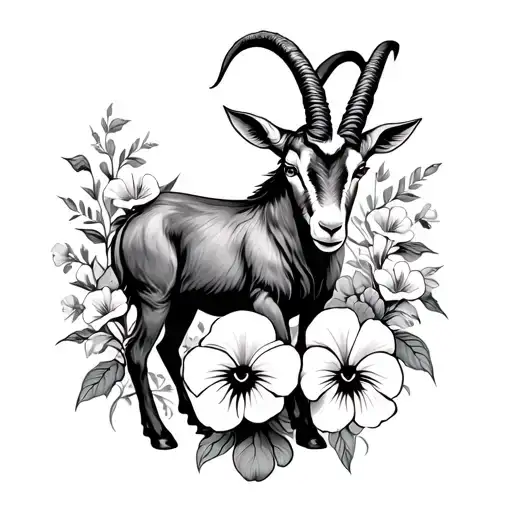 capricorn goat and pansies surrounding tattoo design idea