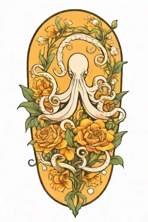 snowdrop, rose, marigold, octopus tentacles tattoo design idea
