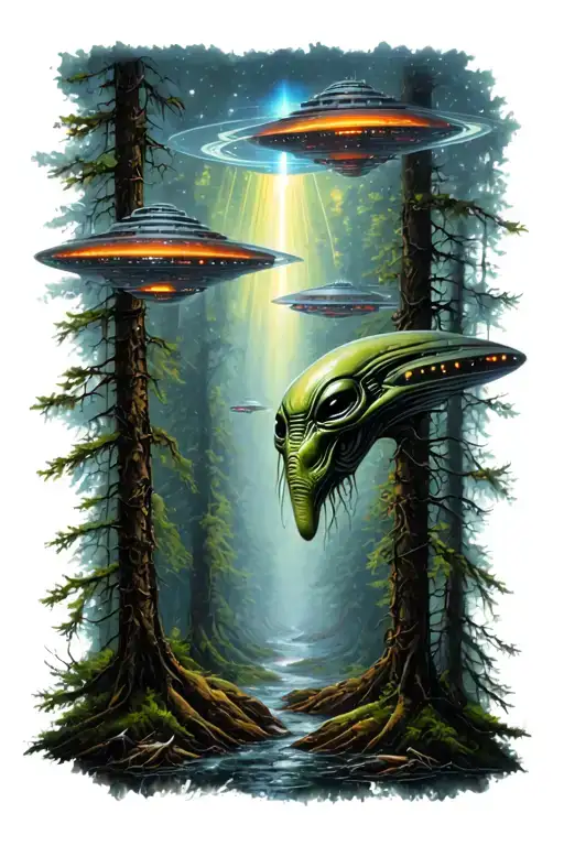 alien abduction with alien spaceships surrounded in a forest tattoo design idea