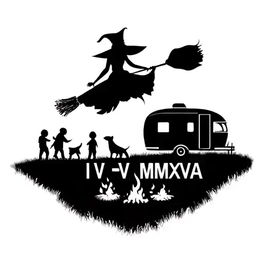 "IV V MMXIV" silhouette of extremely sexy witch flying on broomstick over a campsite with a trailer and campfire with children & dog tattoo design idea