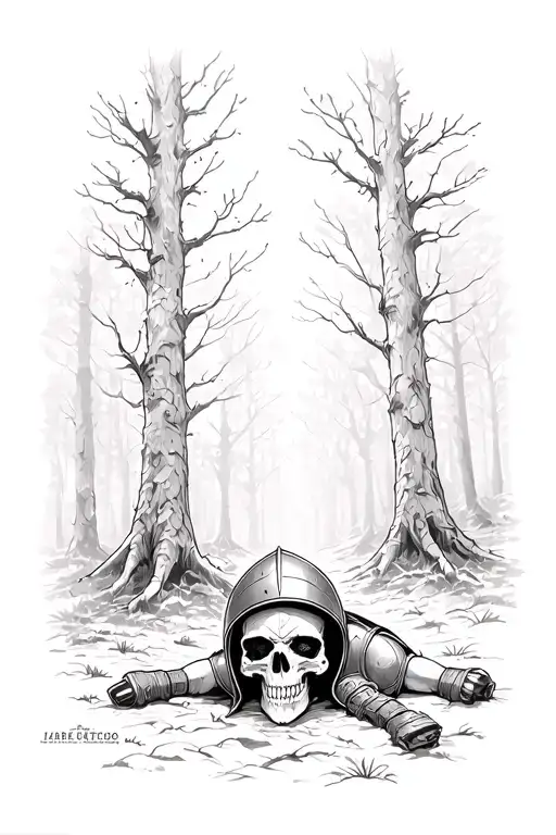 Black and white Forest background with a skull laying on the ground looking up wearing a spartan helmet tattoo design idea