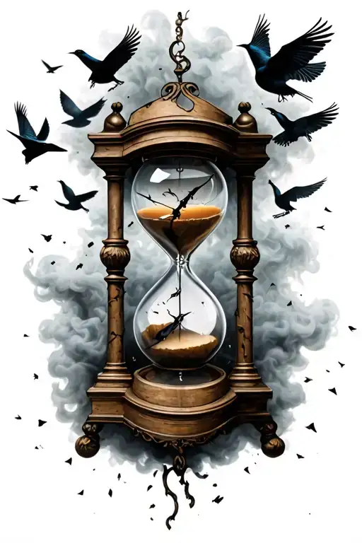 broken clock with a hourglass and lots of blackbirds all flying into the hourglass this is surrounded by smoke tattoo design idea