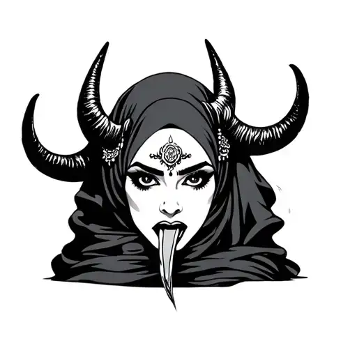 Dying Indian lady wearing a hijab black demon eyes , seductive long wavy tongue, big satanic horns tattoo design idea