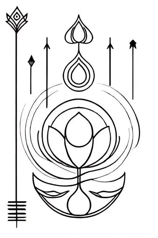 lotus, water drop, arrow, and circles tattoo design idea