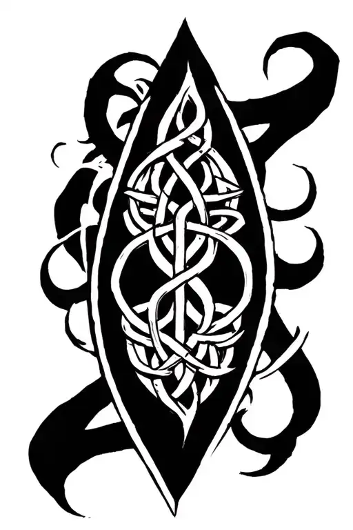 celtic style, teardrop shield, necronomicon, symbol of goddess Hecate tattoo design idea