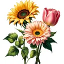 give me a tattoo realistic with three flowers, a sunflower, a tulip and a gerbera with color  tattoo design idea