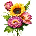 give me a tattoo realistic with three flowers, a sunflower, a tulip and a gerbera with color  tattoo design idea