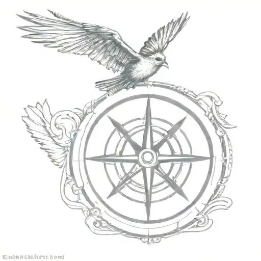 compass with vintage postage stamp, sparrow and wings  tattoo design idea