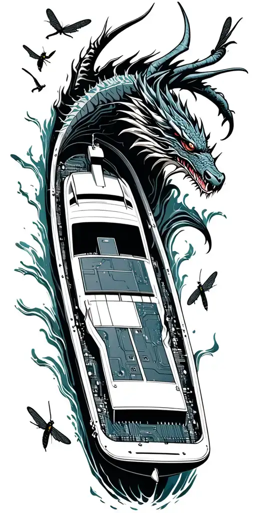 A sport boat in an ocean of circuit boards, with dragon flies flying all around. tattoo design idea