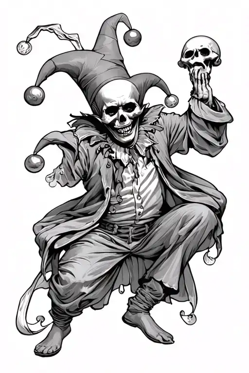 a full body court jester with a skull for a face juggling happy and sad drama masks  tattoo design idea