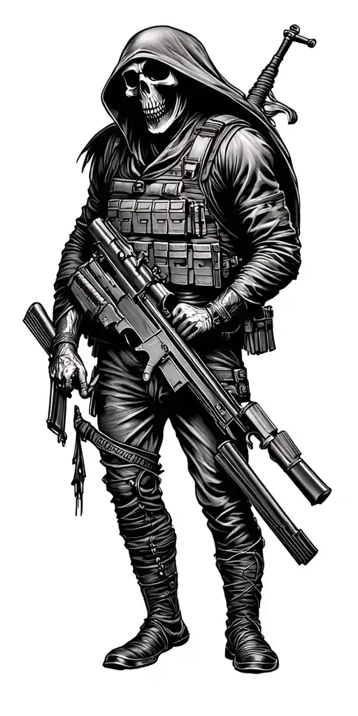 grim reaper with a rifle and flak vest tattoo design idea