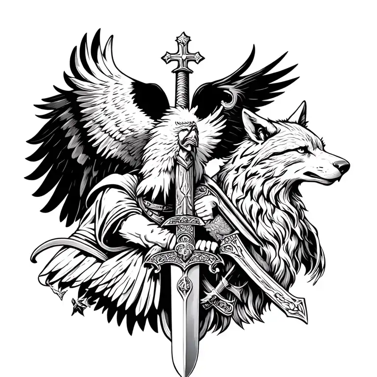 an eagle on a sword with a Christian soldier on the left and wolf on the right full back tattoo black ink tattoo design idea