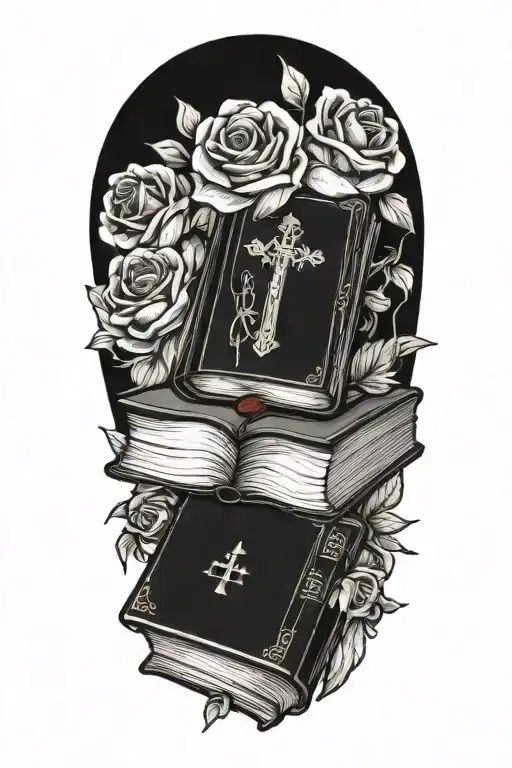 A stack of books with the bible on top, surrounded by roses and symbols of investing tattoo design idea