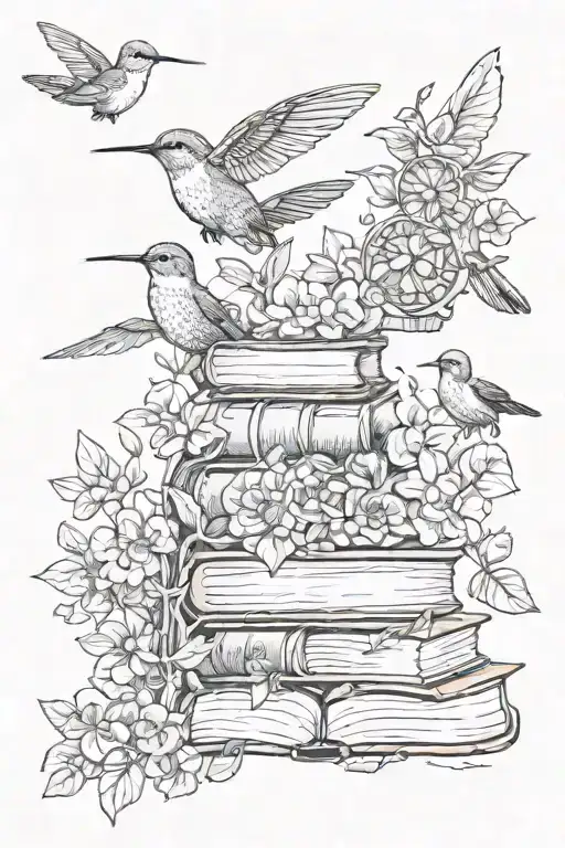 hummingbirds, books, tree, flowers tattoo design idea