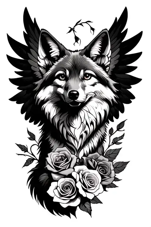 Coyote with wings and roses intertwined all black tattoo design idea
