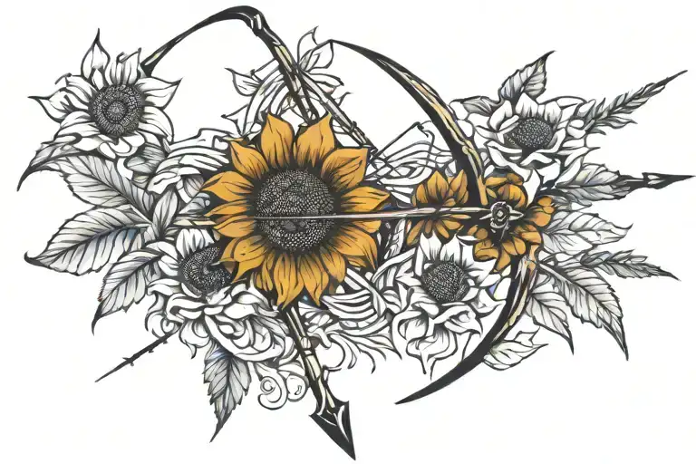bow and arrow with sunflowers tattoo design idea
