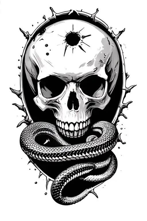 skull with a bullet hole in the forehead and and a rattle snake coming out of the hole in the skull tattoo design idea