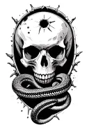 skull with a bullet hole in the forehead and and a rattle snake coming out of the hole in the skull tattoo design idea