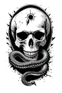 skull with a bullet hole in the forehead and and a rattle snake coming out of the hole in the skull tattoo design idea