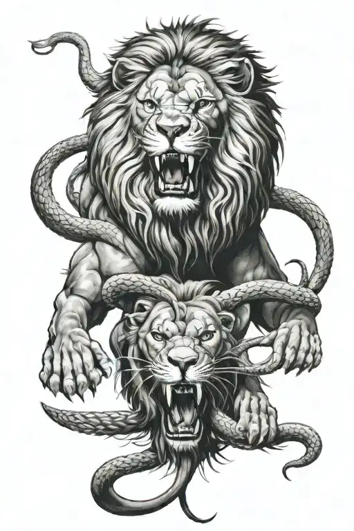 lion with taipan instead of a tail opposing evil in darkness tattoo design idea