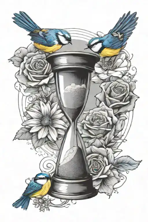 hour glass with sand, one blue tit, one daisy, one rose tattoo design idea