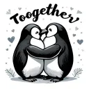 "Together" two penguins hugging with the words together symbolizing tattoo design idea